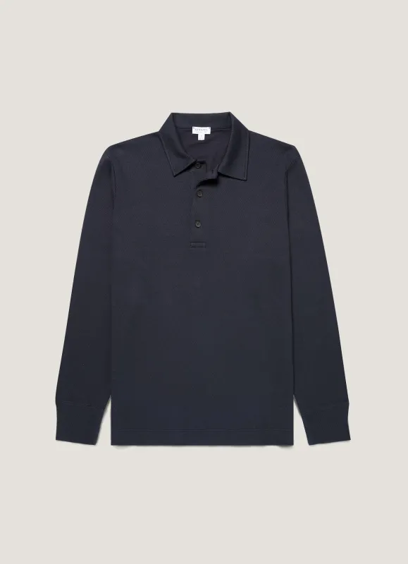 Men's Long Sleeve Cellulock Polo Shirt in Navy made by Sunspel