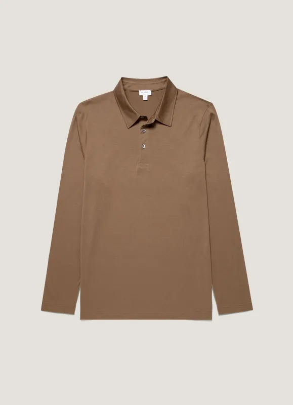 Men's Long Sleeve Classic Jersey Polo Shirt in Dark Cedar sold by Sunspel