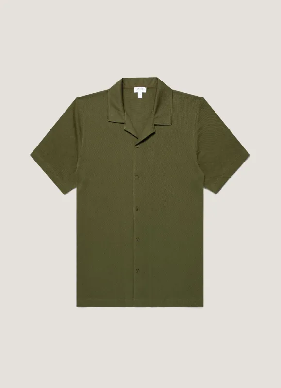 Men's Riviera Camp Collar Shirt in Deep Olive made by Sunspel