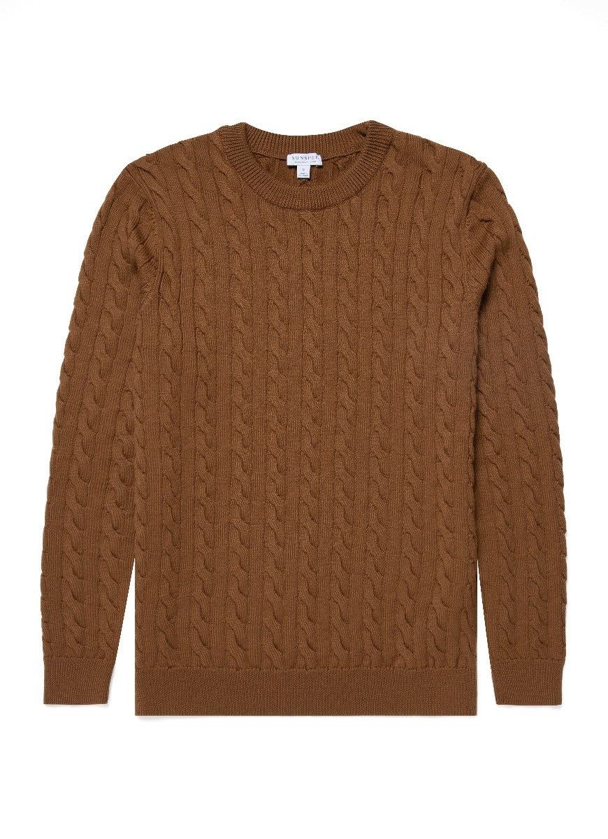 Men's Merino Wool Cable Knit Jumper in Dark Camel sold by Sunspel