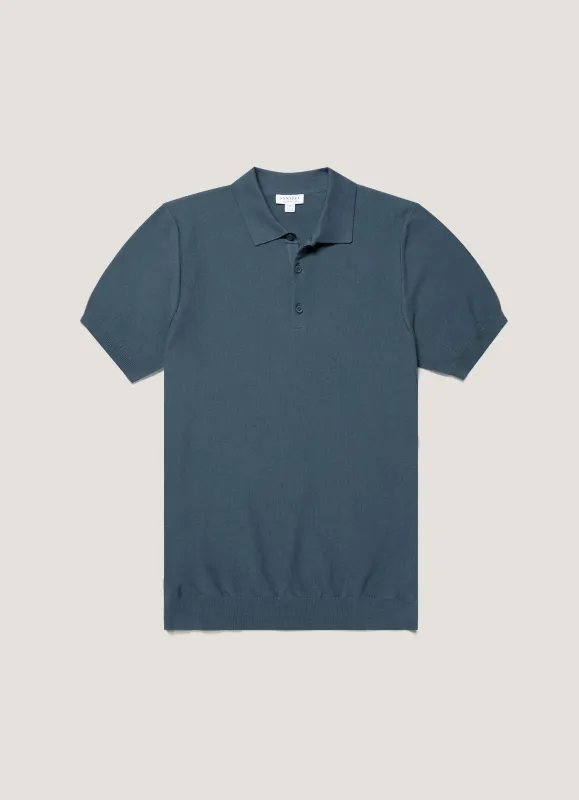 Men's Cotton Knit Polo Shirt in Slate Blue sold by Sunspel
