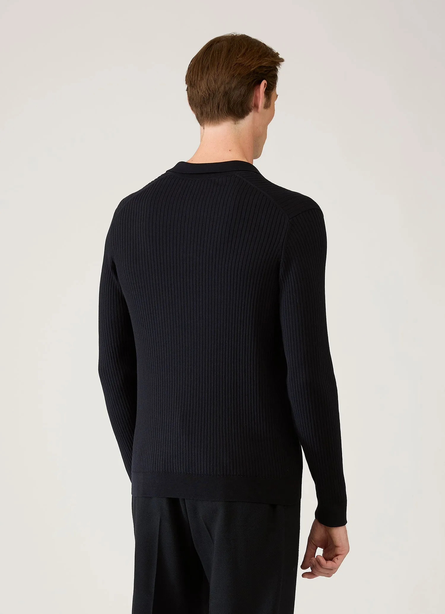 Men's Long Sleeve Fine Rib Silk Cotton Polo in Navy sold by Sunspel product image thumbnail 5