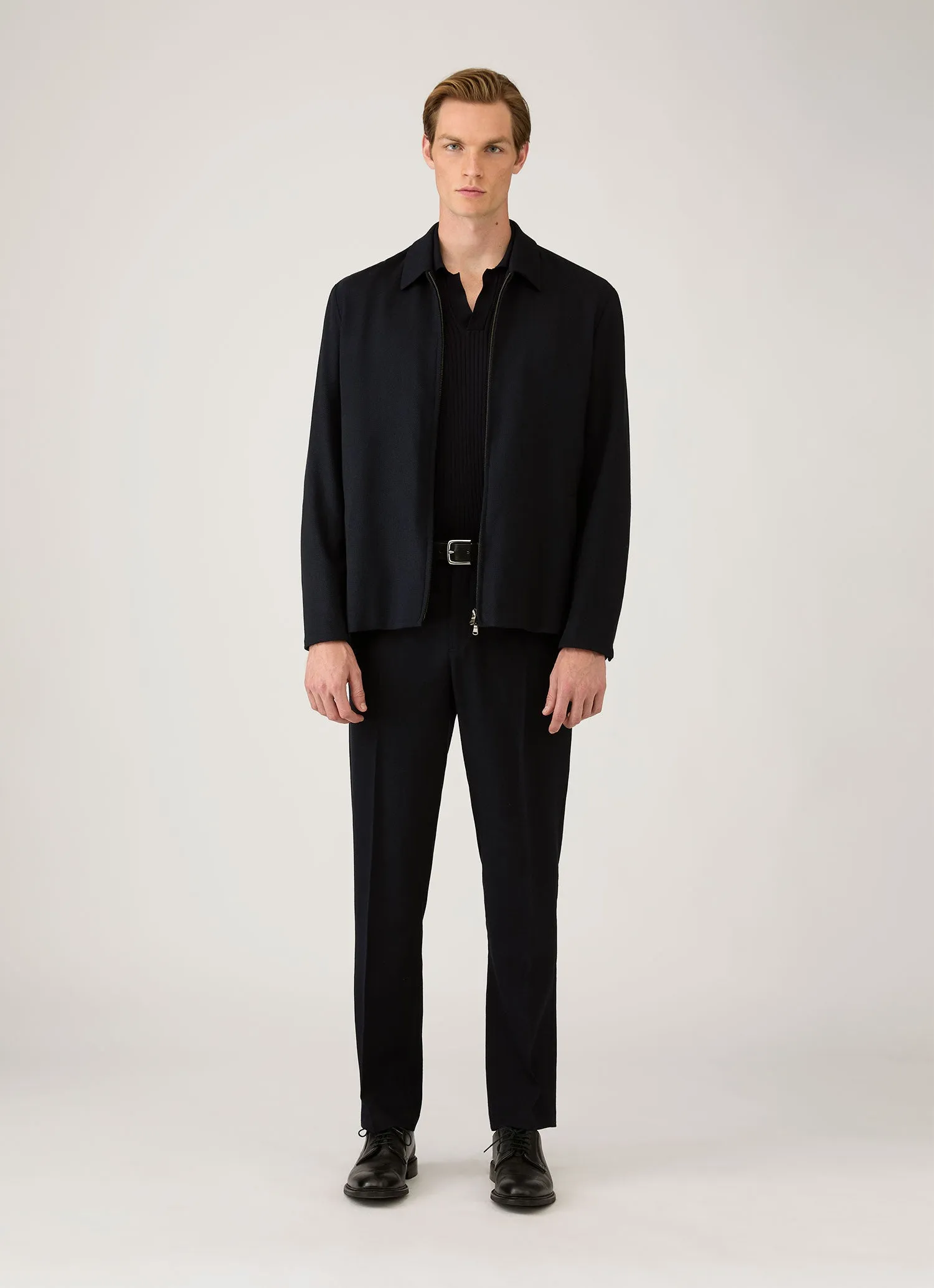 Men's Long Sleeve Fine Rib Silk Cotton Polo in Navy sold by Sunspel product image thumbnail 3