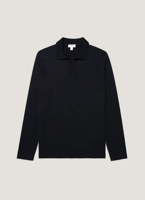 Men's Long Sleeve Fine Rib Silk Cotton Polo Shirt in Navy sold by Sunspel