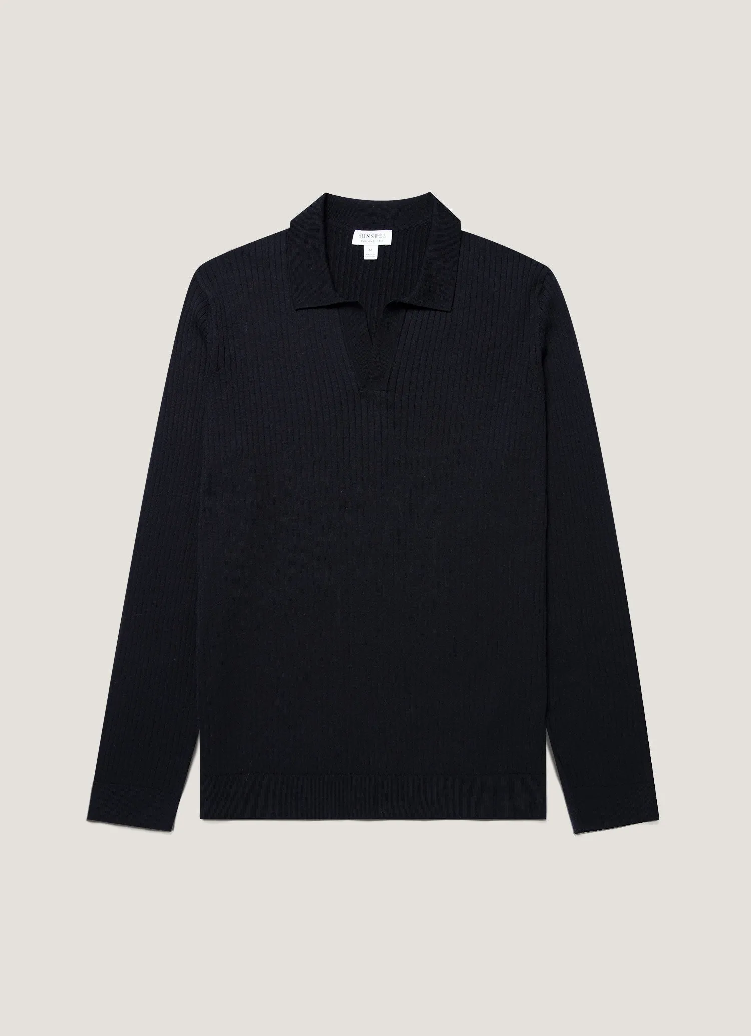 Men's Long Sleeve Fine Rib Silk Cotton Polo in Navy sold by Sunspel