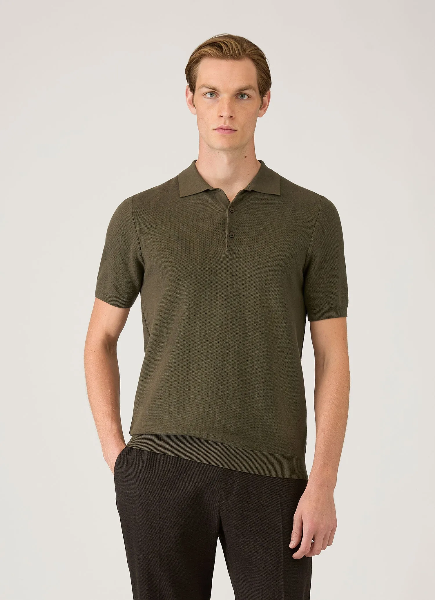 Men's Cotton Knit Polo Shirt in Khaki sold by Sunspel product image thumbnail 2
