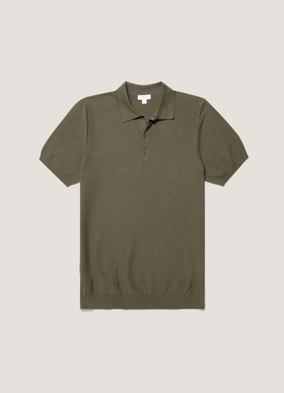Men's Knit Polo Shirt in Khaki sold by Sunspel