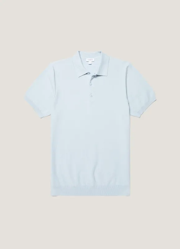 Men's Cotton Knit Polo Shirt in Pastel Blue sold by Sunspel