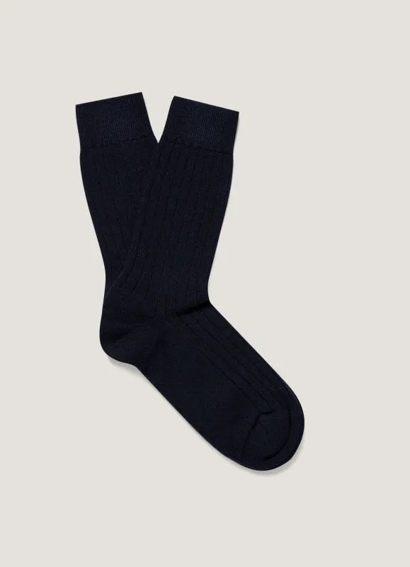 Men's Cashmere Ribbed Socks in Navy sold by Sunspel