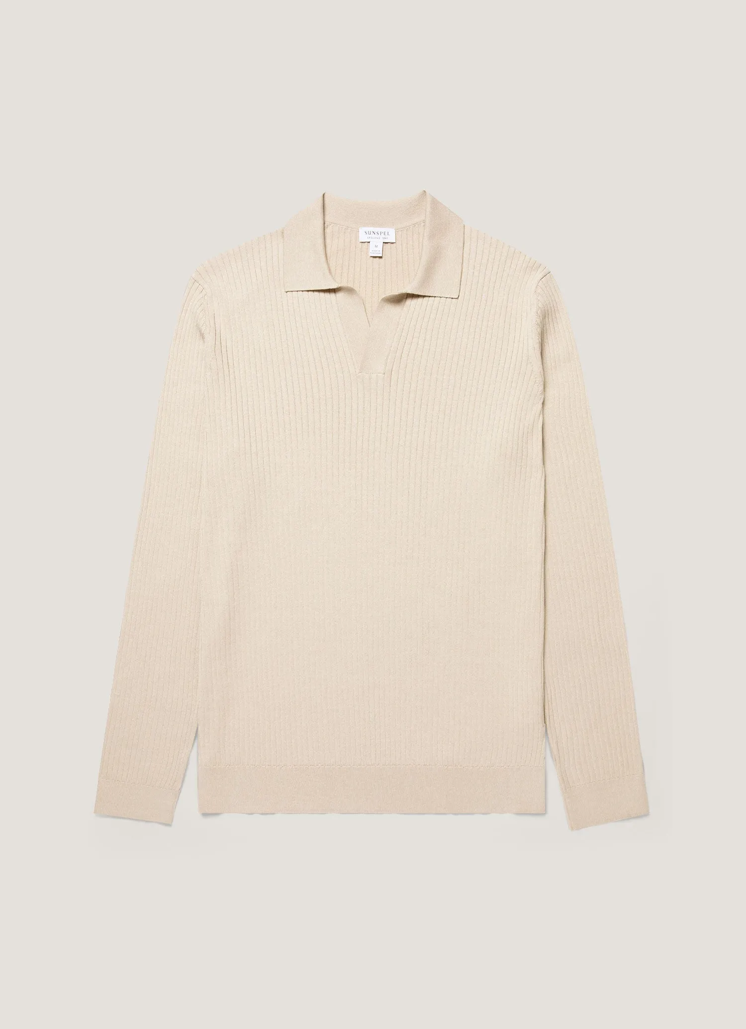 Men's Long Sleeve Fine Rib Silk Cotton Polo Shirt in Hazelwood sold by Sunspel