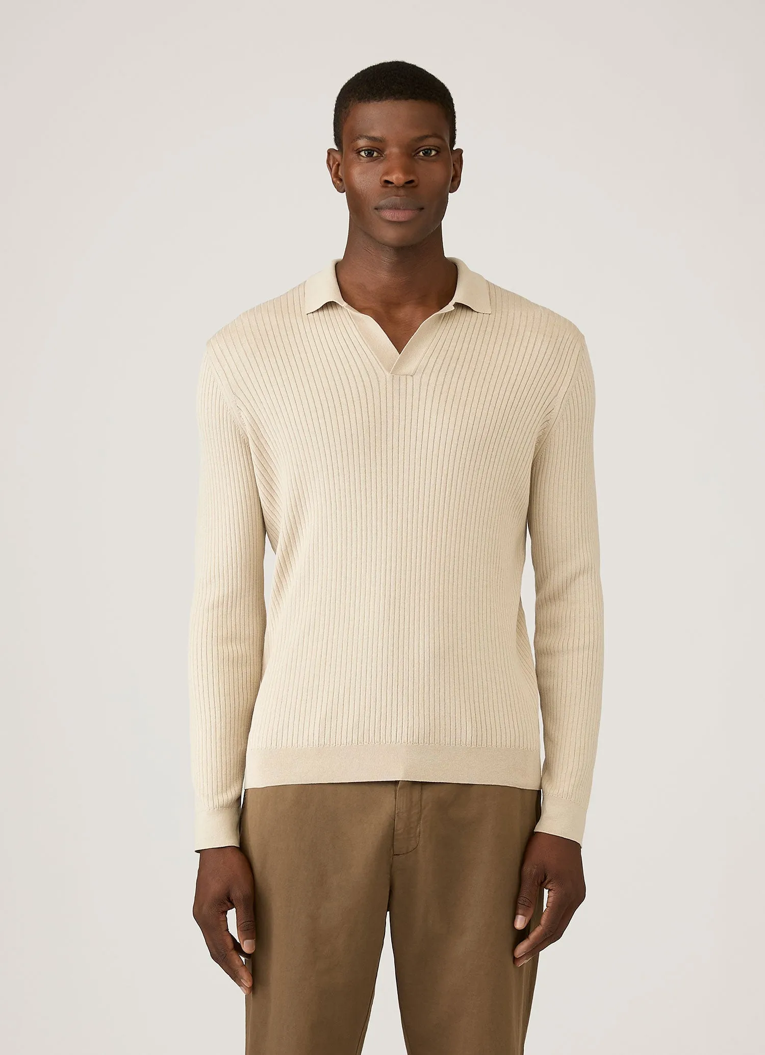 Men's Long Sleeve Fine Rib Silk Cotton Polo Shirt in Hazelwood sold by Sunspel product image thumbnail 2