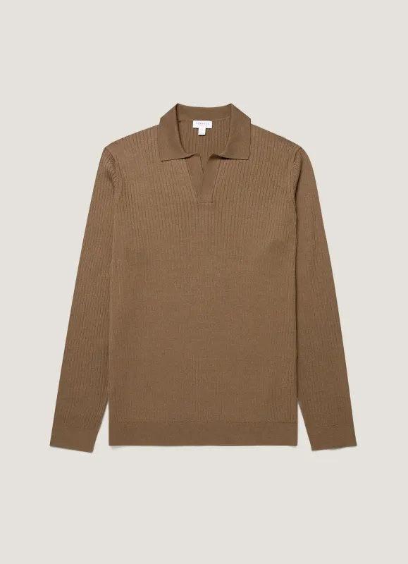 Men's Long Sleeve Fine Rib Silk Cotton Polo Shirt in Dark Cedar sold by Sunspel