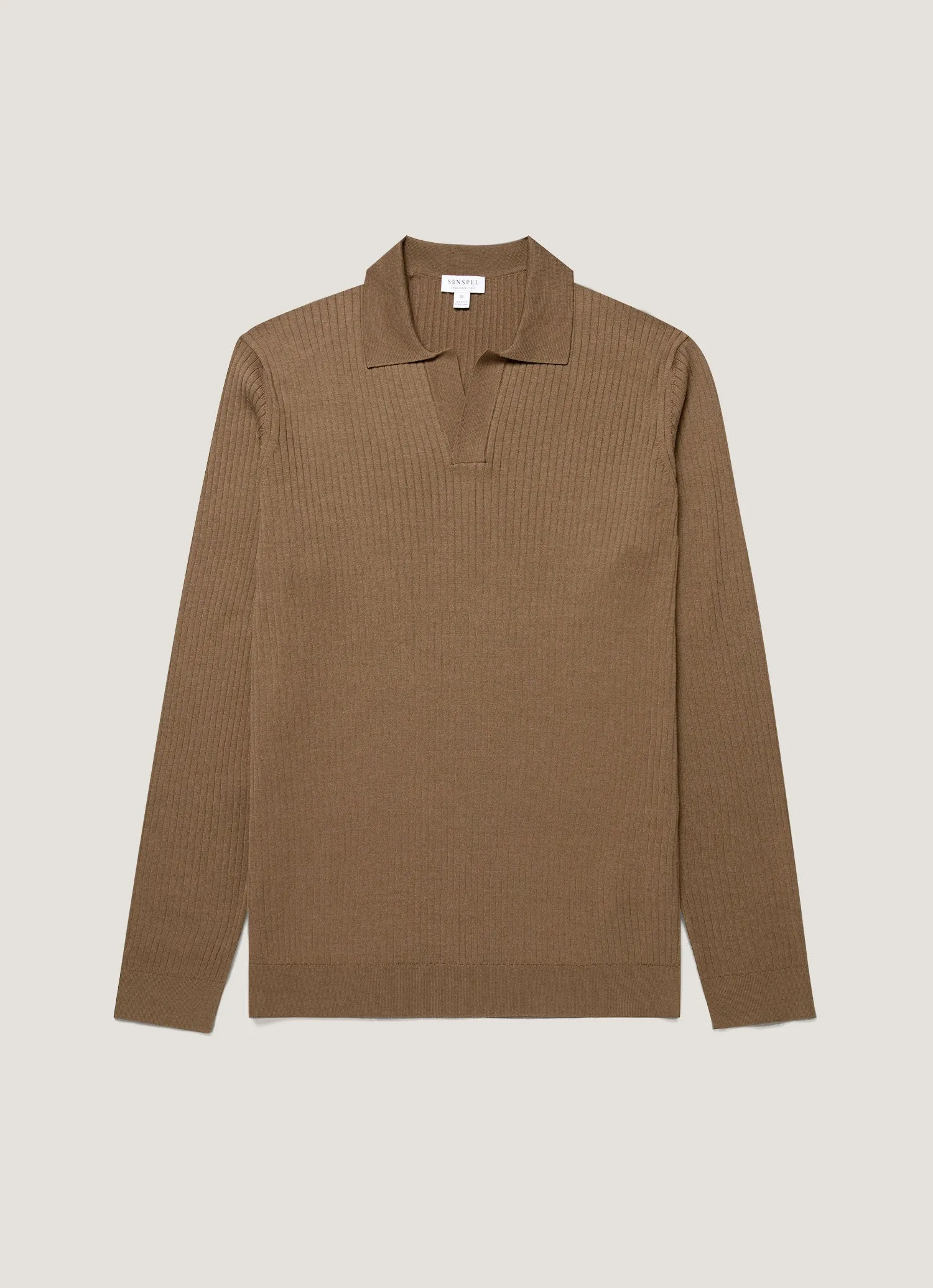 Men's Long Sleeve Fine Rib Silk Cotton Polo in Dark Cedar sold by Sunspel