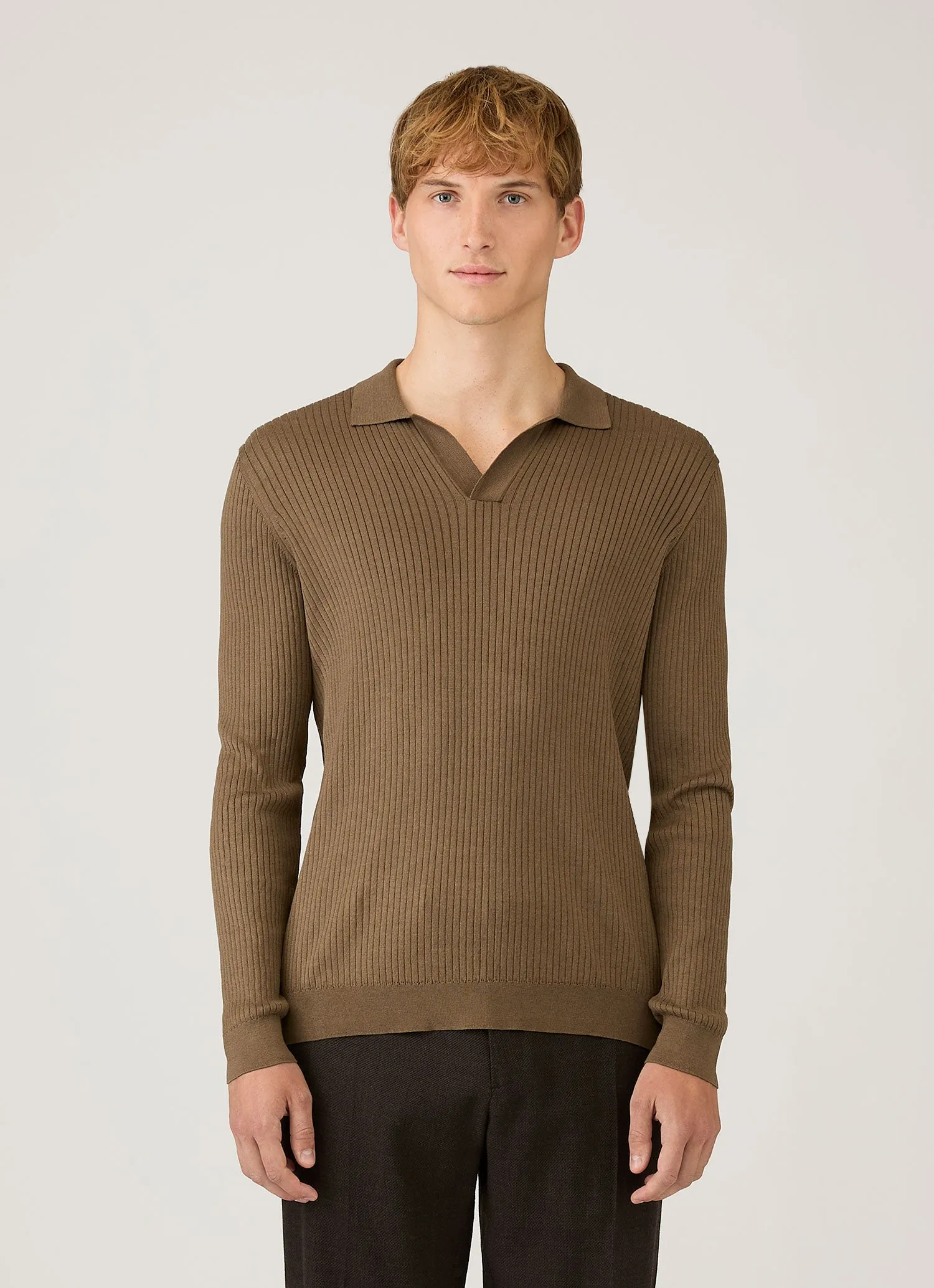 Men's Long Sleeve Fine Rib Silk Cotton Polo in Dark Cedar sold by Sunspel product image thumbnail 2