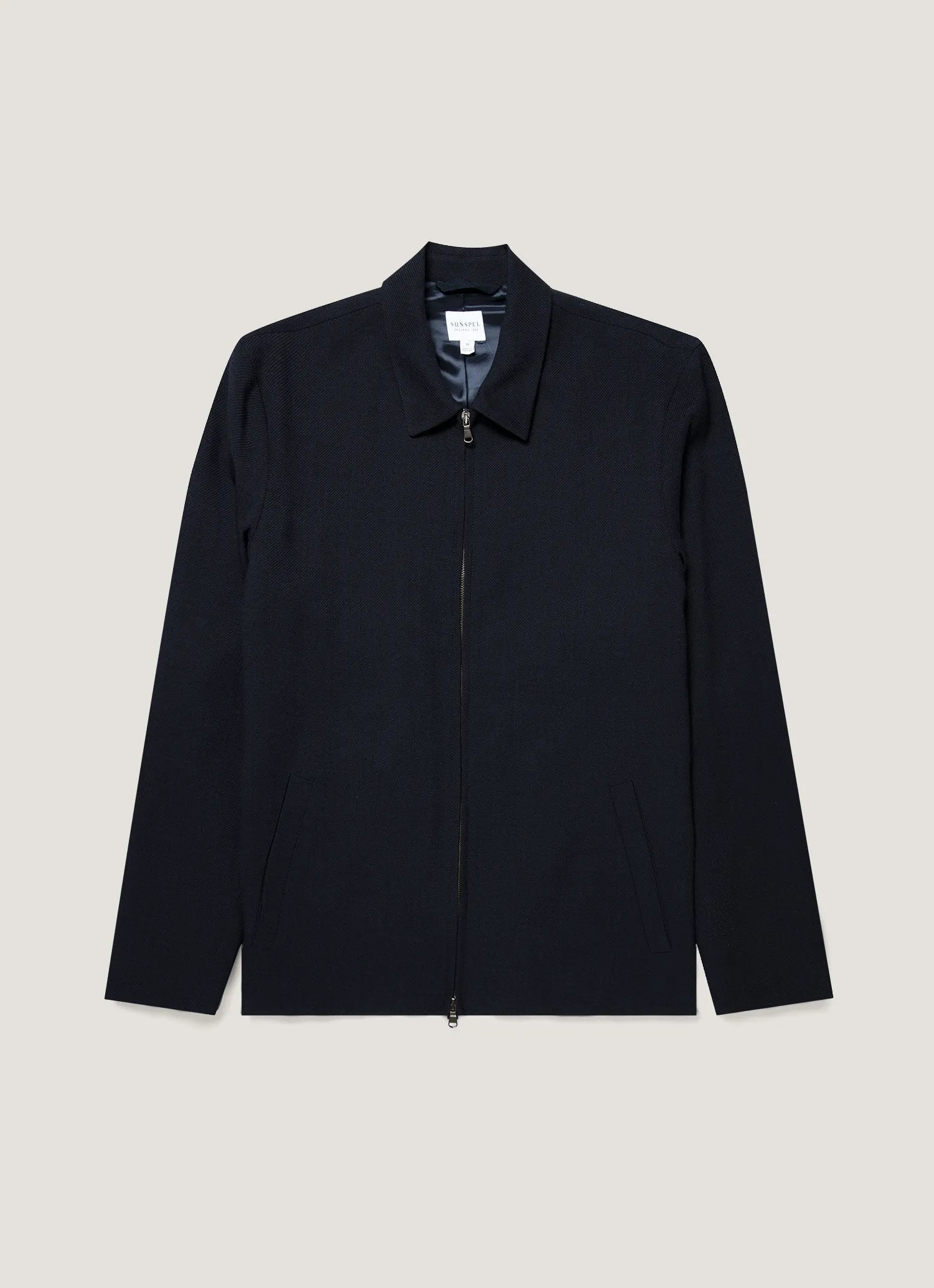Men's Light Textured Wool Harrington Jacket in Navy sold by Sunspel