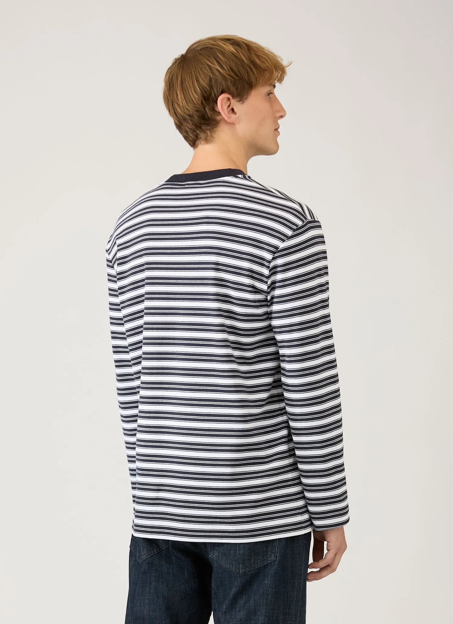 Men's Long Sleeve Heavyweight T-shirt in White/Navy sold by Sunspel product image thumbnail 5