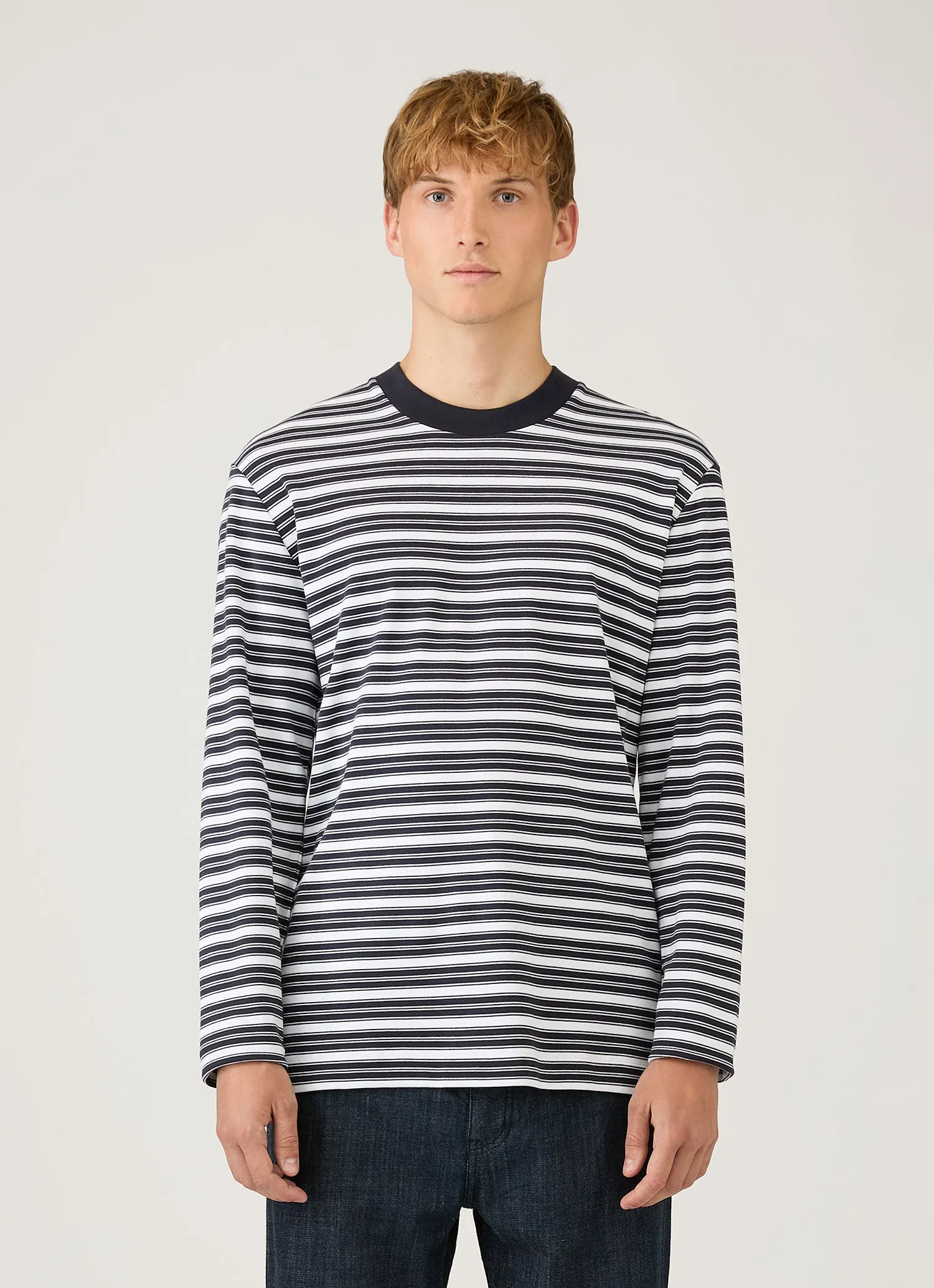 Men's Long Sleeve Heavyweight T-shirt in White/Navy sold by Sunspel product image thumbnail 2