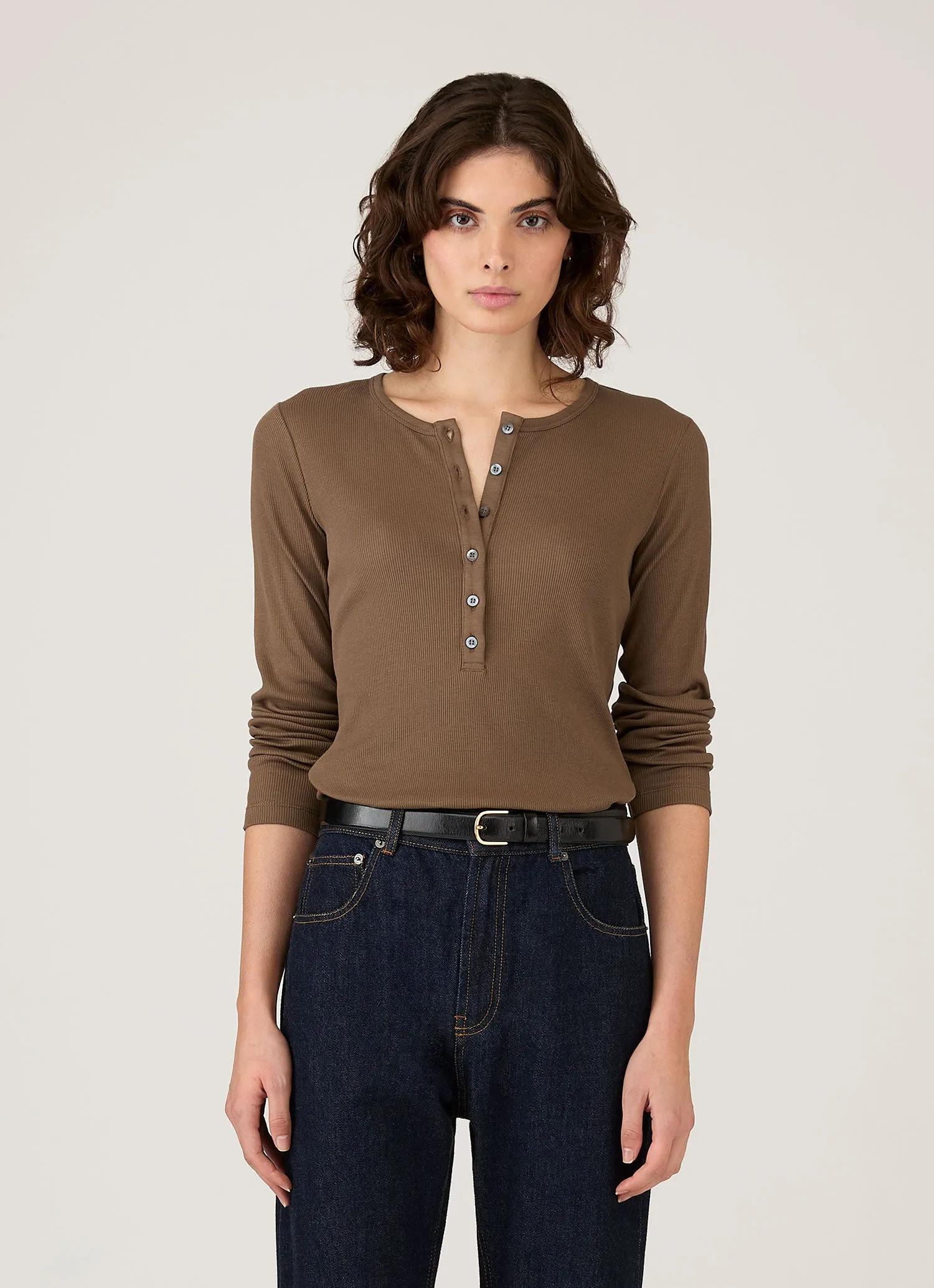 Women's Ribbed Henley in Dark Cedar sold by Sunspel
