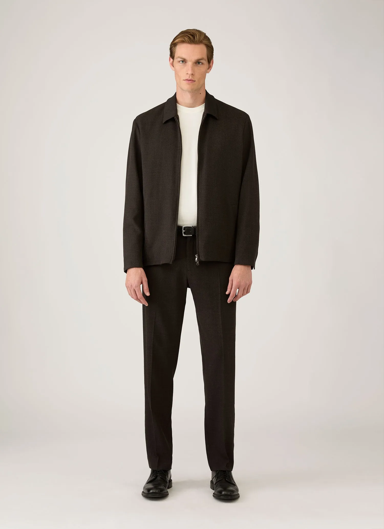 Men's Light Textured Wool Harrington Jacket in Truffle sold by Sunspel product image thumbnail 3