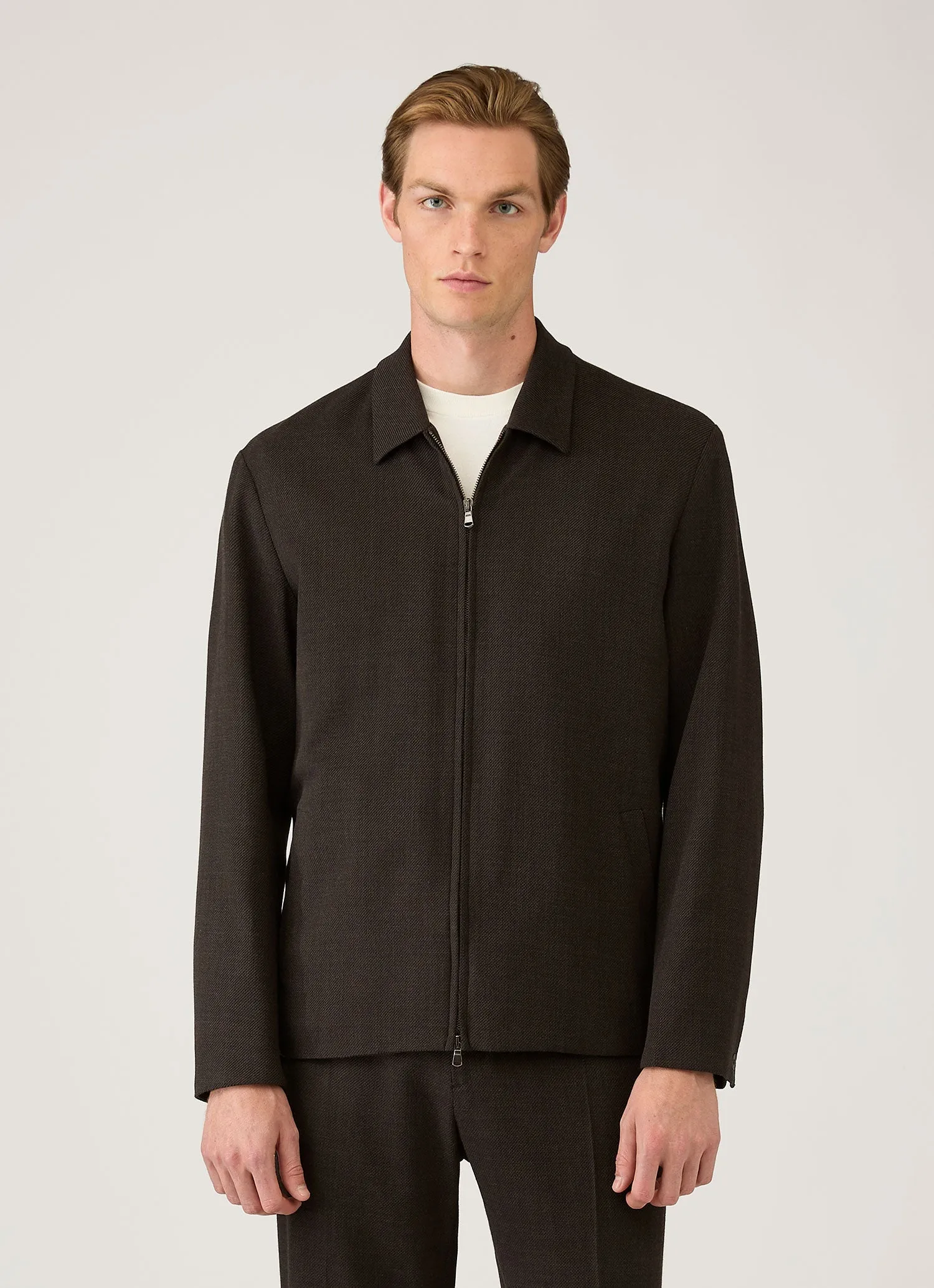 Men's Light Textured Wool Harrington Jacket in Truffle sold by Sunspel product image thumbnail 2