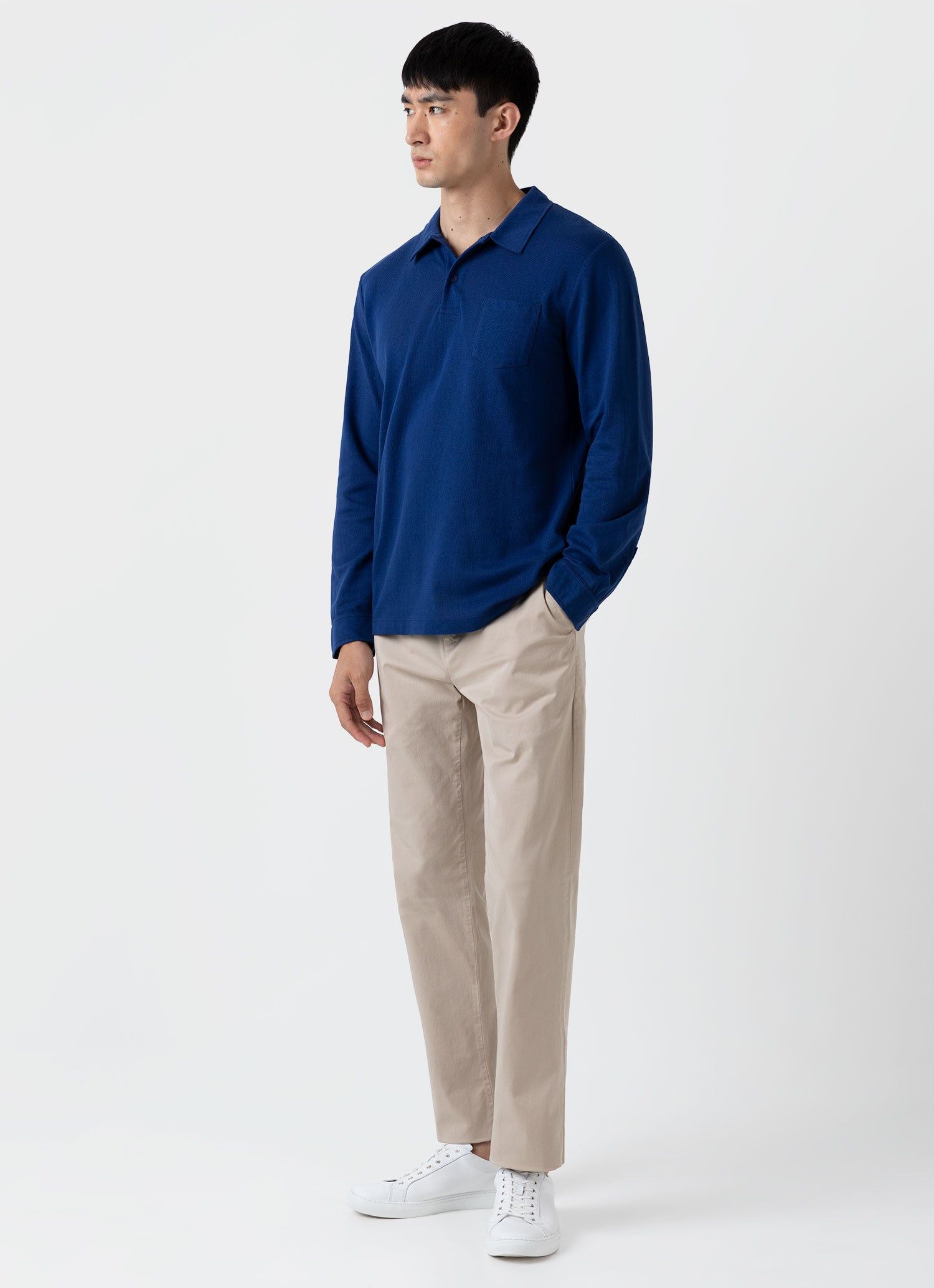 Men's Riviera Long Sleeve Polo Shirt in Space Blue sold by Sunspel product image thumbnail 3