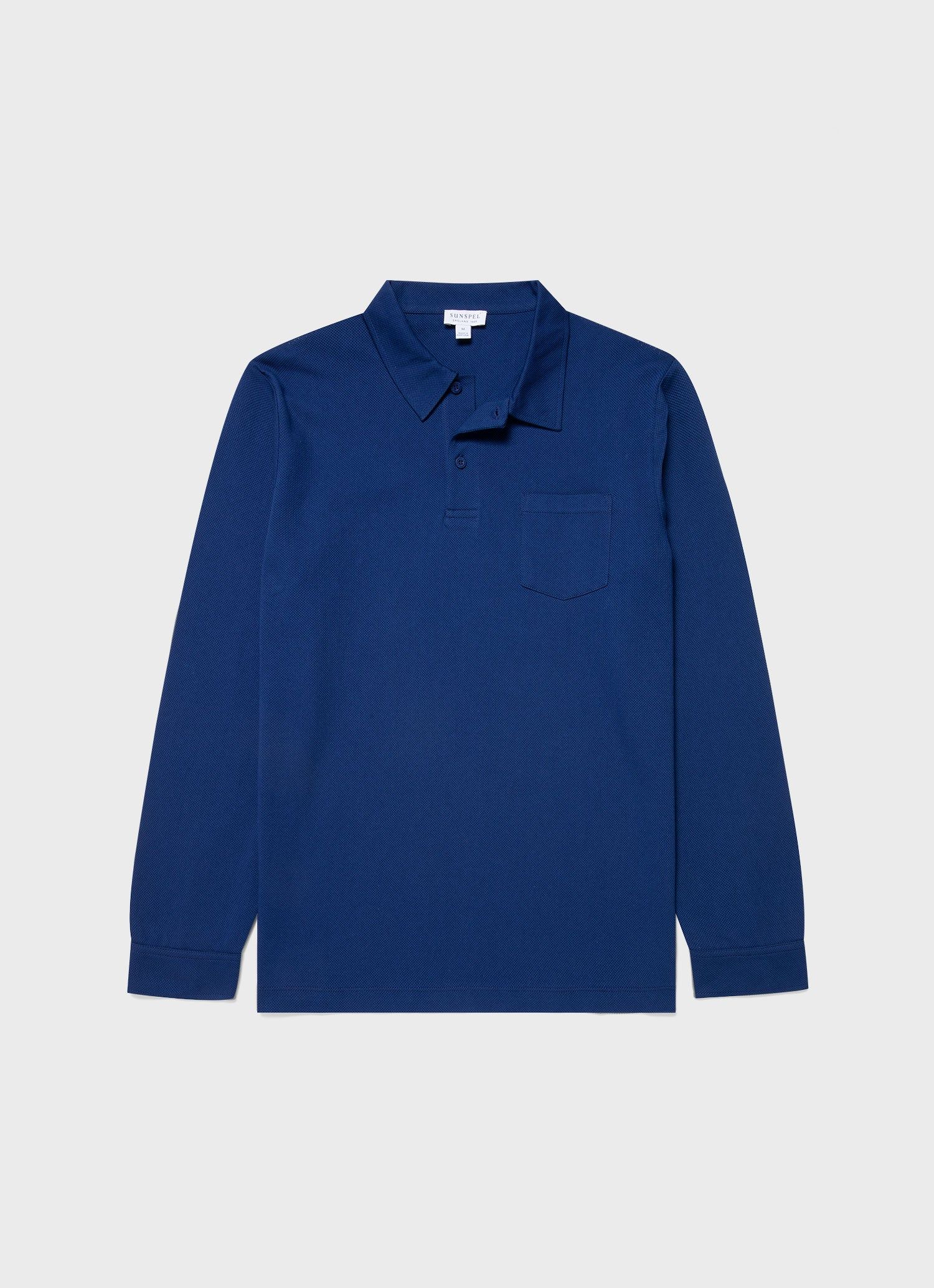 Men's Riviera Long Sleeve Polo Shirt in Space Blue sold by Sunspel