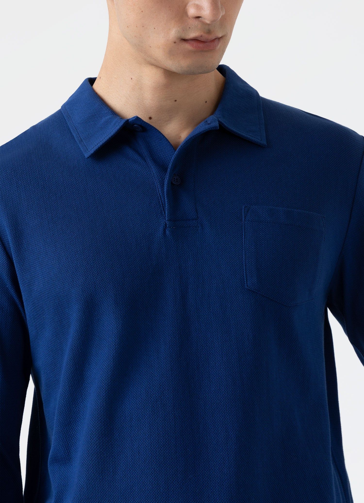 Men's Riviera Long Sleeve Polo Shirt in Space Blue sold by Sunspel product image thumbnail 5