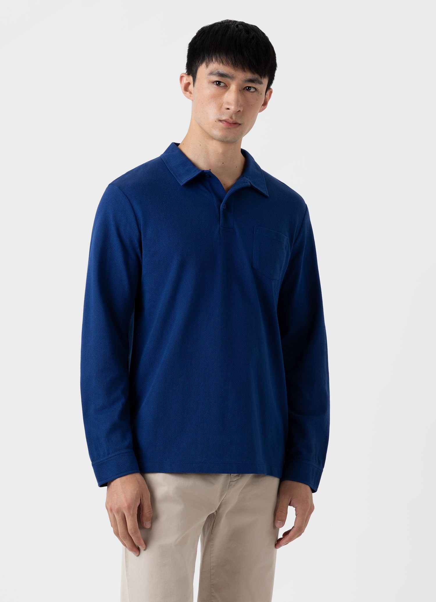 Men's Riviera Long Sleeve Polo Shirt in Space Blue sold by Sunspel product image thumbnail 2