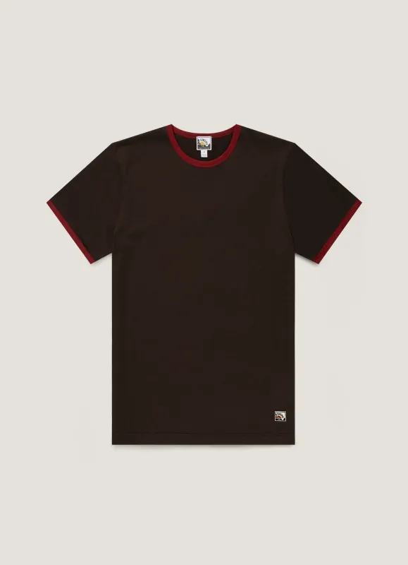Men's Sunspel x Paul Weller Ringer T-shirt in Dark Brown made by Sunspel