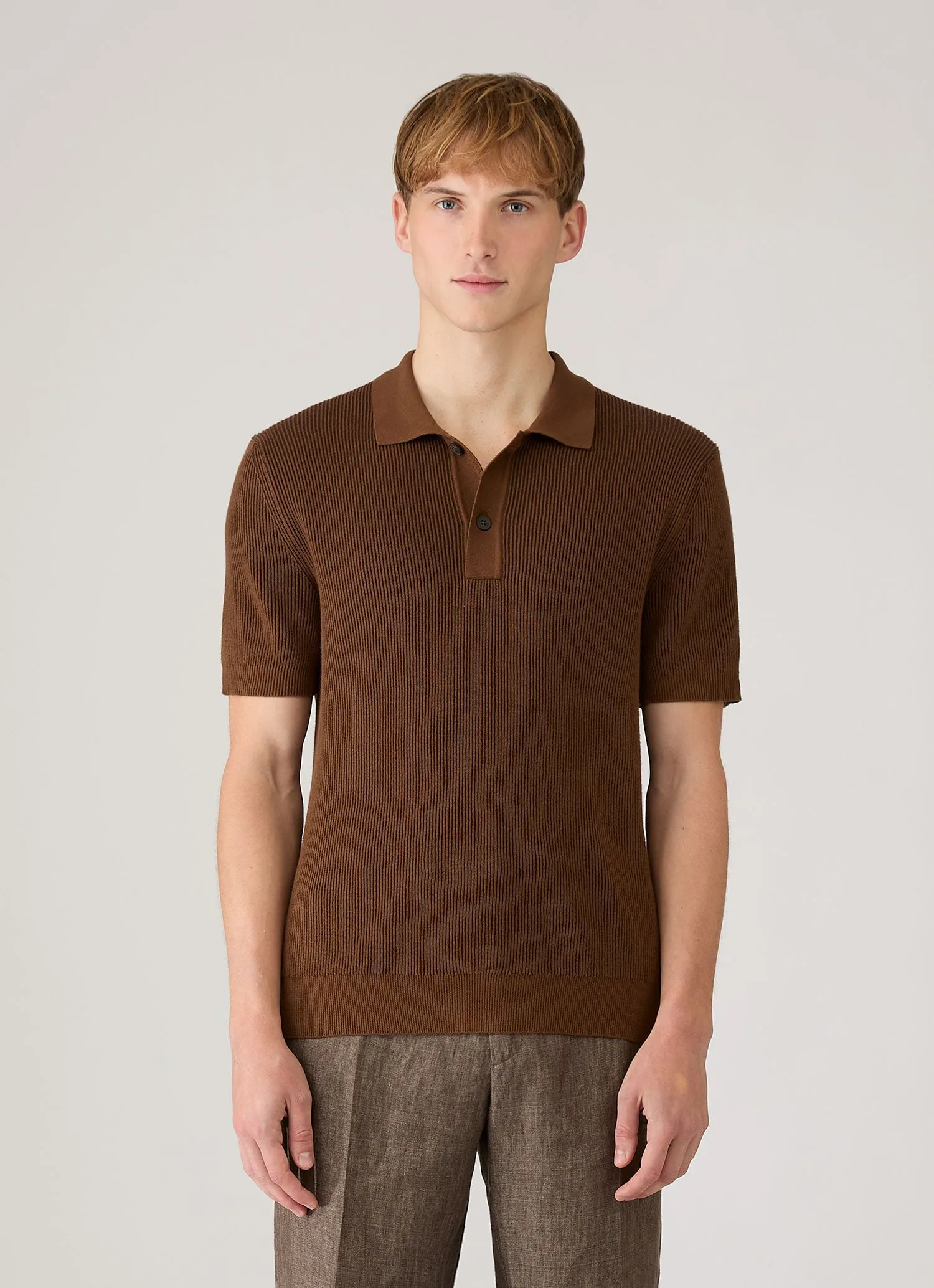 Men's Contrast Rib Polo Shirt in Bronze sold by Sunspel product image thumbnail 2