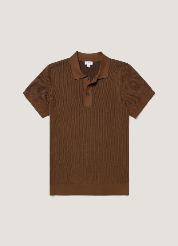 Men's Contrast Rib Polo Shirt in Bronze made by Sunspel