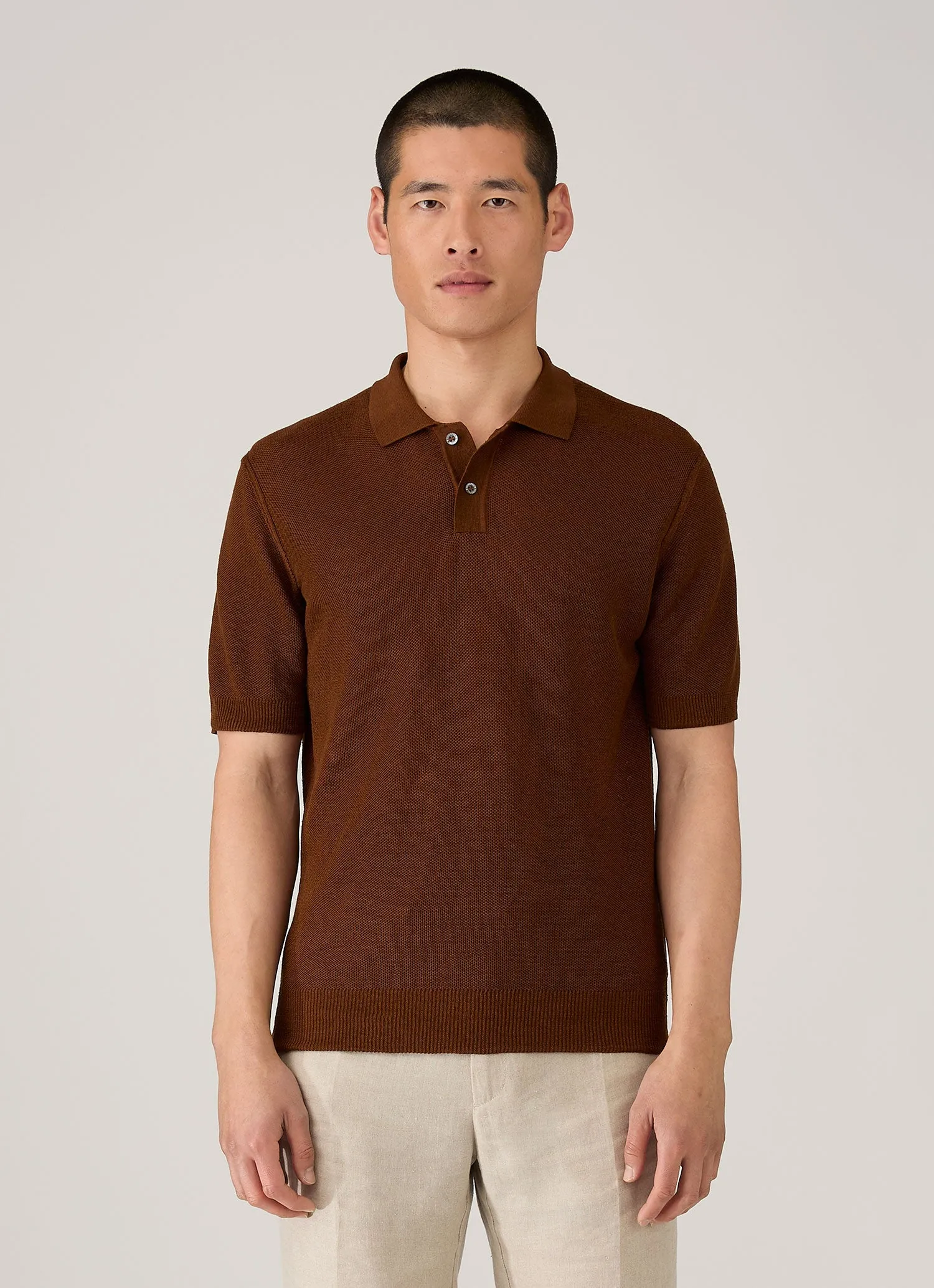 Men's Silk Linen Honeycomb Polo in Bronze sold by Sunspel product image thumbnail 2