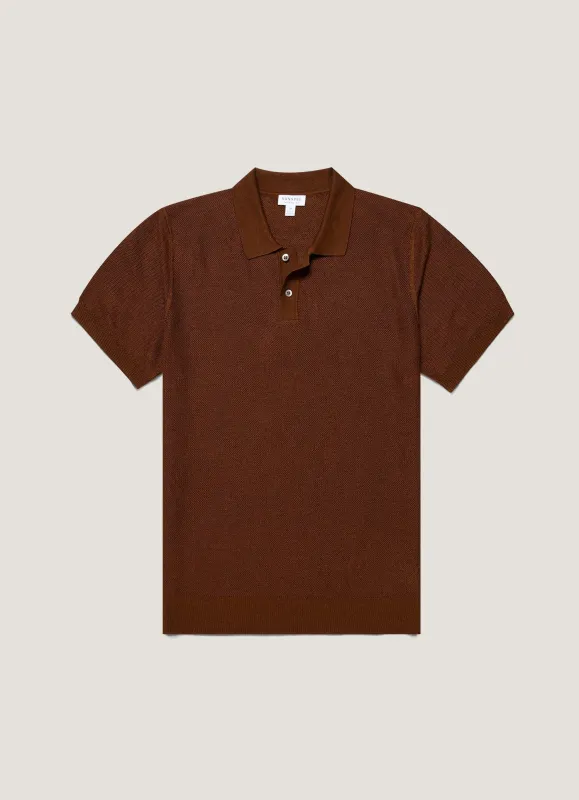 Men's Silk Linen Honeycomb Polo in Bronze made by Sunspel