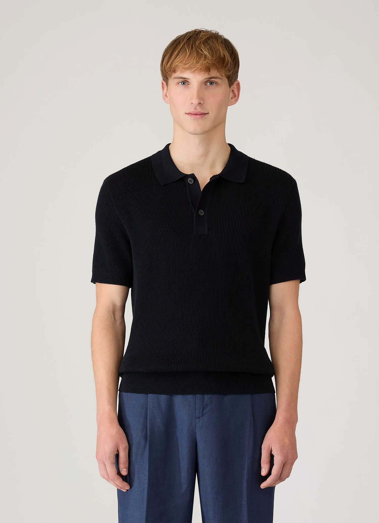 Men's Contrast Rib Polo Shirt in Navy sold by Sunspel product image thumbnail 2