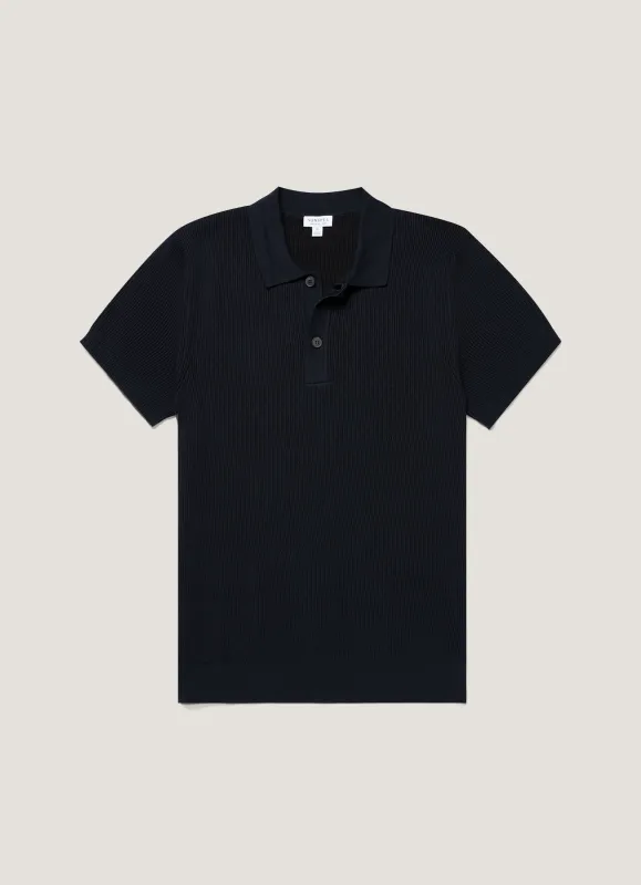 Men's Contrast Rib Polo Shirt in Navy made by Sunspel