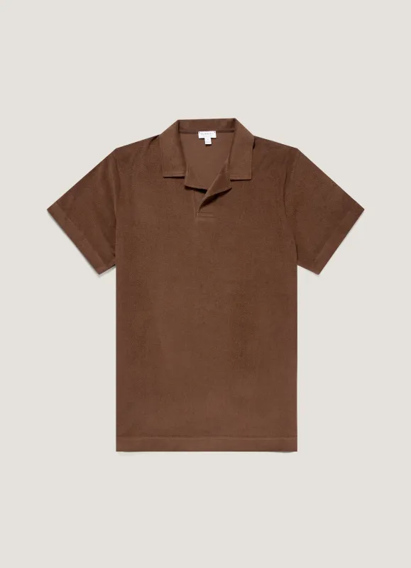 Men's Towelling Polo Shirt in Dark Walnut made by Sunspel