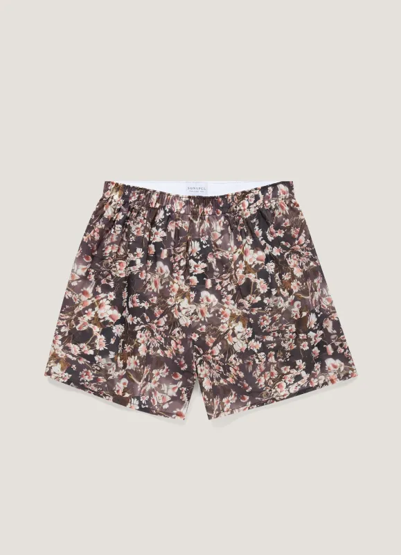 Men's Classic Boxer Short in Liberty Fabric in Dark Brown Floral made by Sunspel