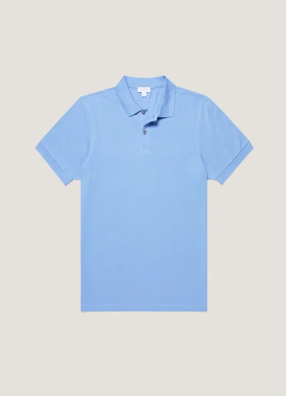 Men's Piqué Polo Shirt in Azure Blue made by Sunspel
