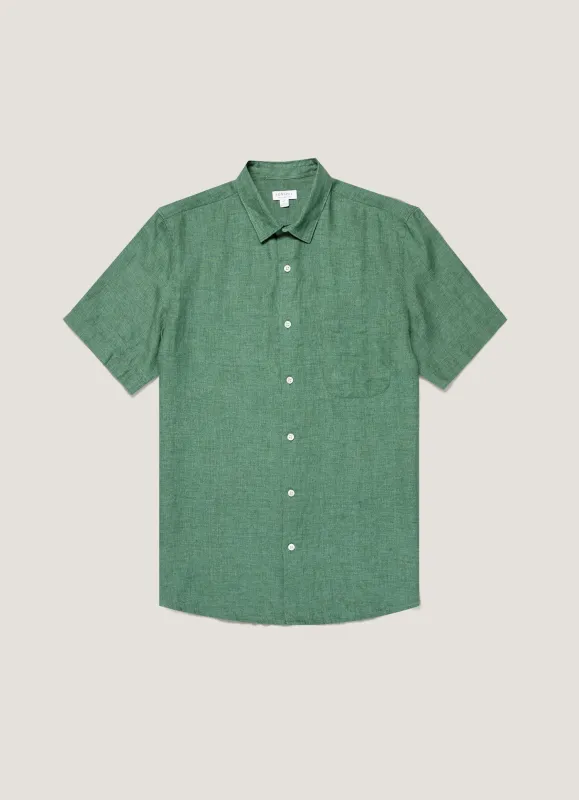 Men's Short Sleeve Linen Shirt in Bright Green made by Sunspel