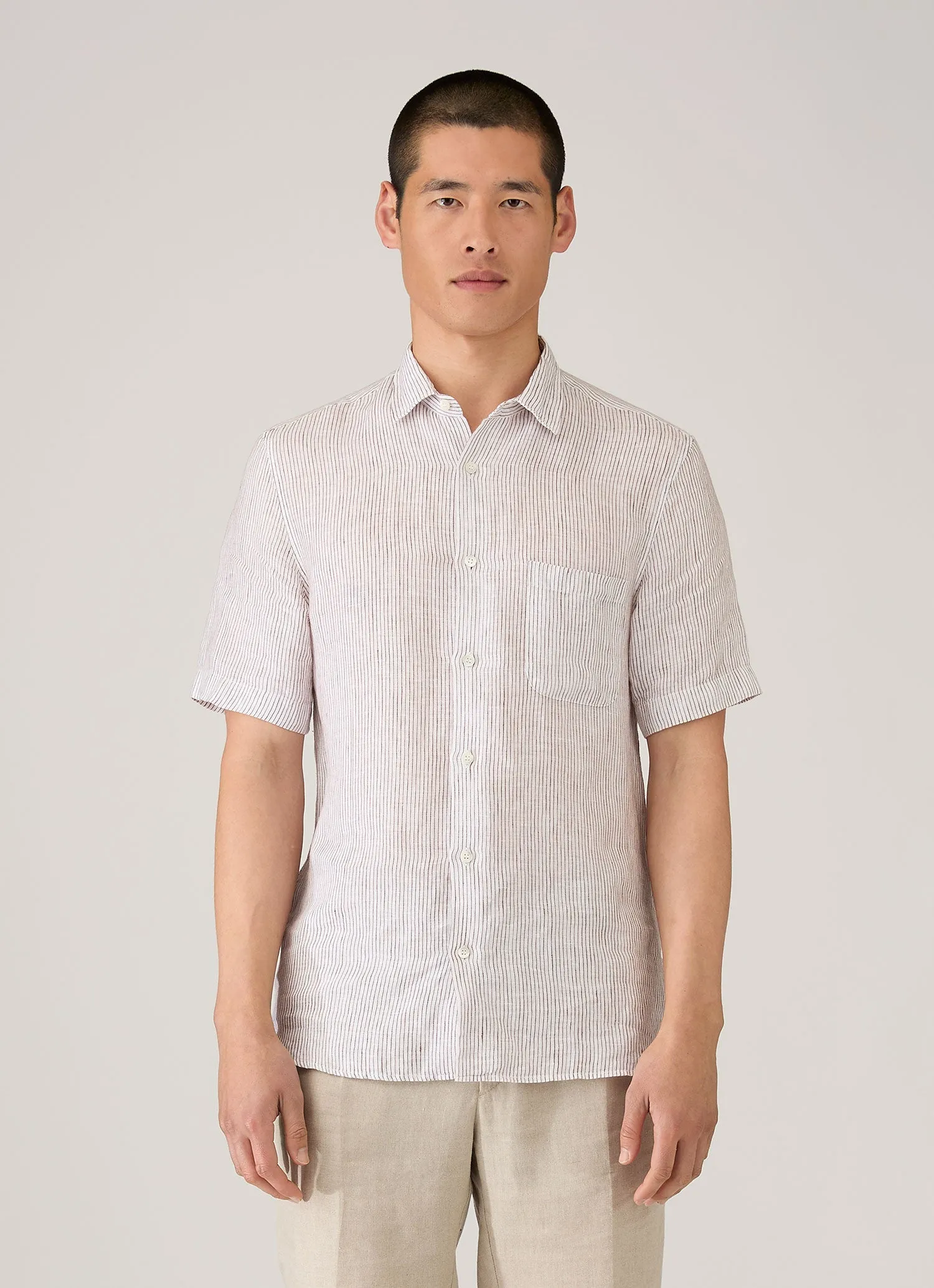 Men's Short Sleeve Linen Shirt in White/Dark Chocolate sold by Sunspel product image thumbnail 2