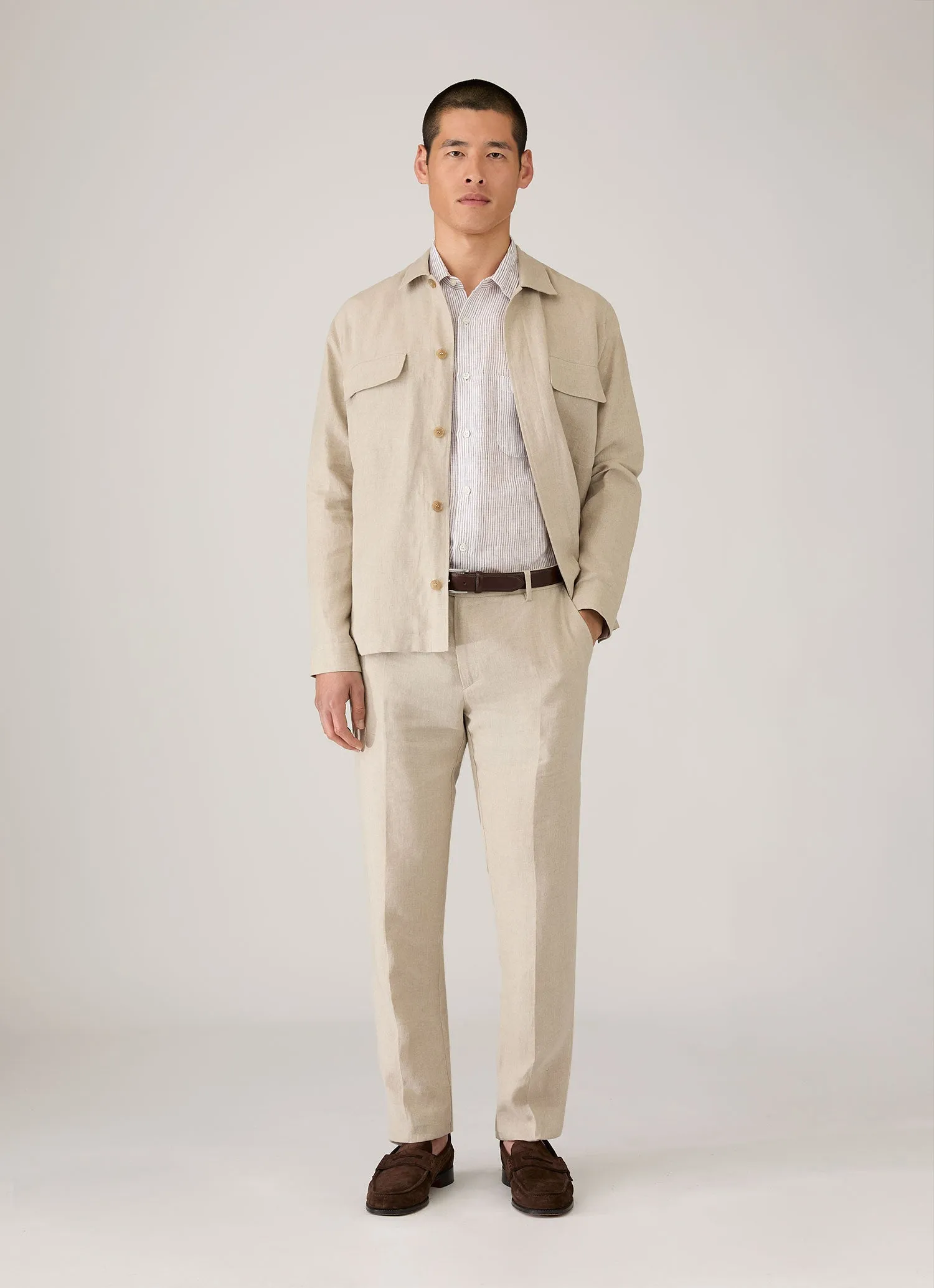 Men's Short Sleeve Linen Shirt in White/Dark Chocolate sold by Sunspel product image thumbnail 3