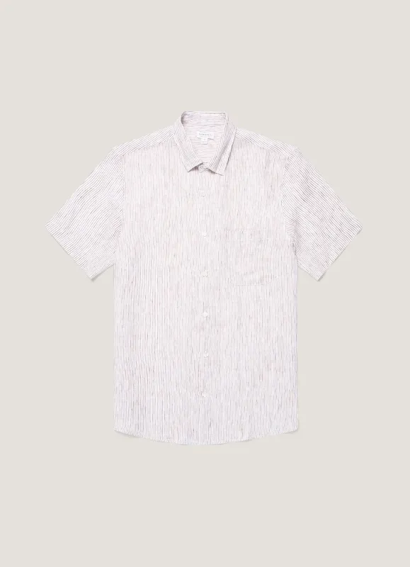 Men's Short Sleeve Linen Shirt in White/Dark Chocolate made by Sunspel