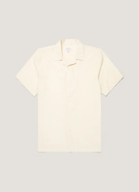 Men's Textured Stripe Camp Collar Shirt in Ecru made by Sunspel