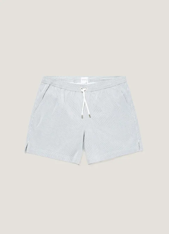 Men's Drawstring Swim Shorts in Navy/White made by Sunspel