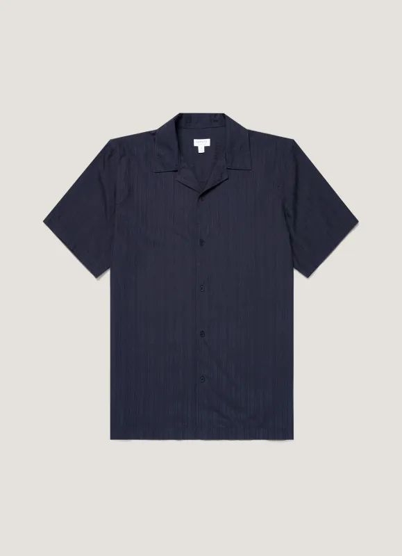 Men's Textured Stripe Camp Collar Shirt in Navy made by Sunspel