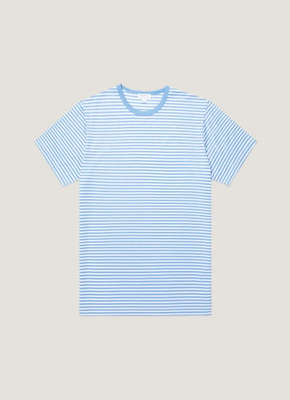 Men's Classic T-shirt in White/Azure Blue English Stripe made by Sunspel