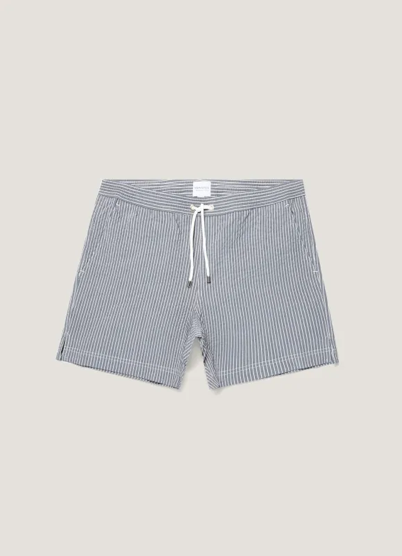 Men's Seersucker Swim Shorts in Navy/White made by Sunspel