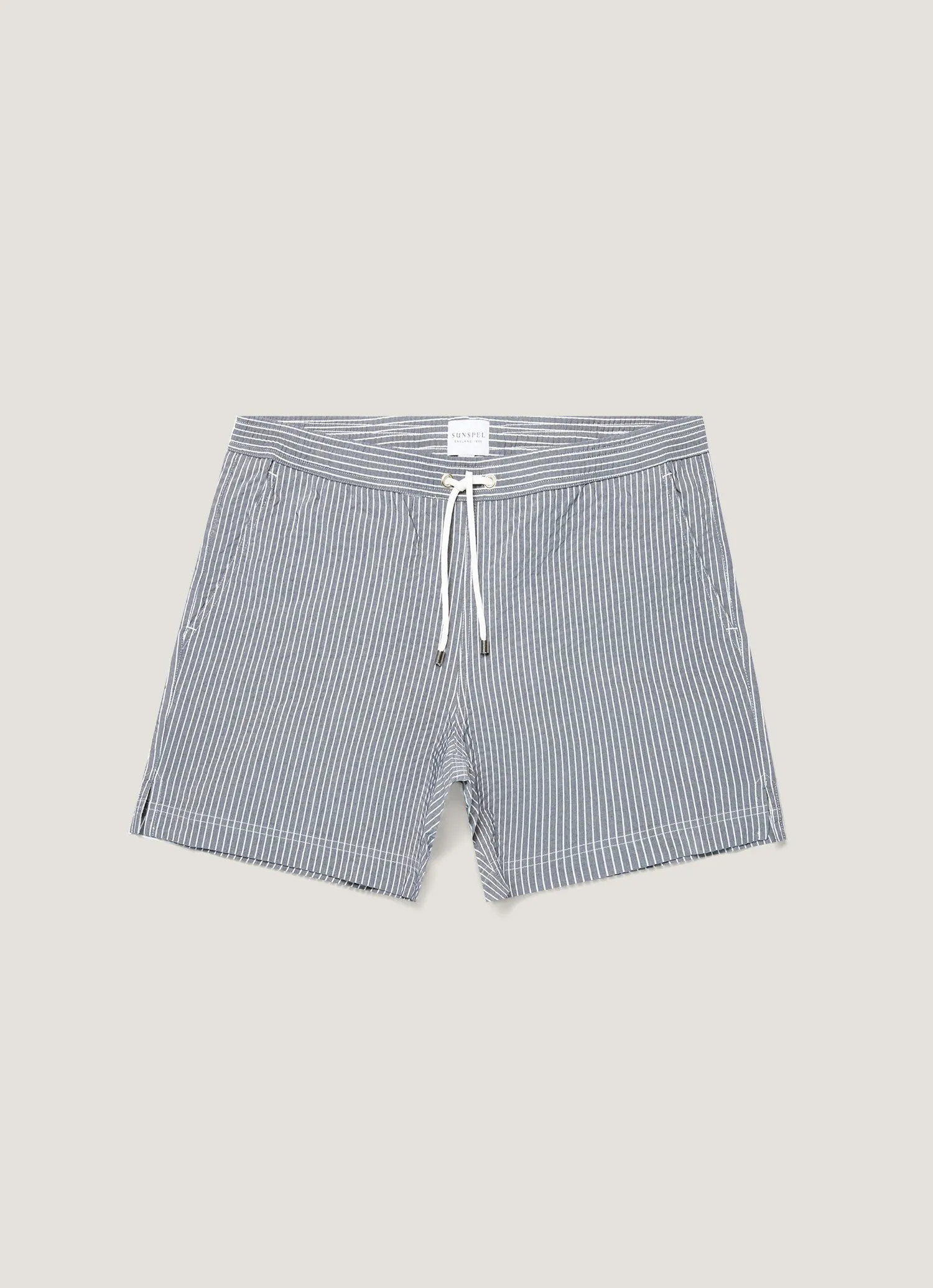 Men's Seersucker Swim Shorts in Navy/White sold by Sunspel
