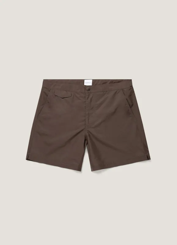 Men's Tailored Swim Shorts in Dark Walnut made by Sunspel