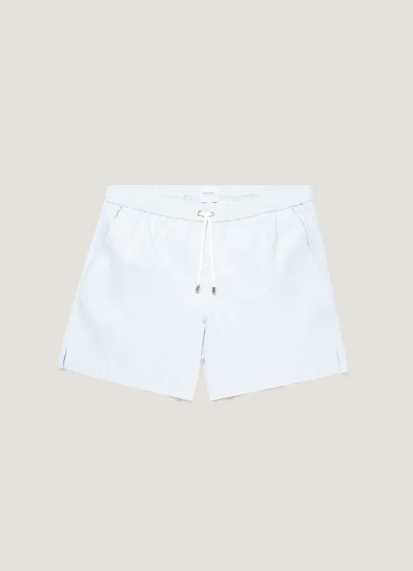 Men's Drawstring Swim Shorts in Sky Blue/White made by Sunspel